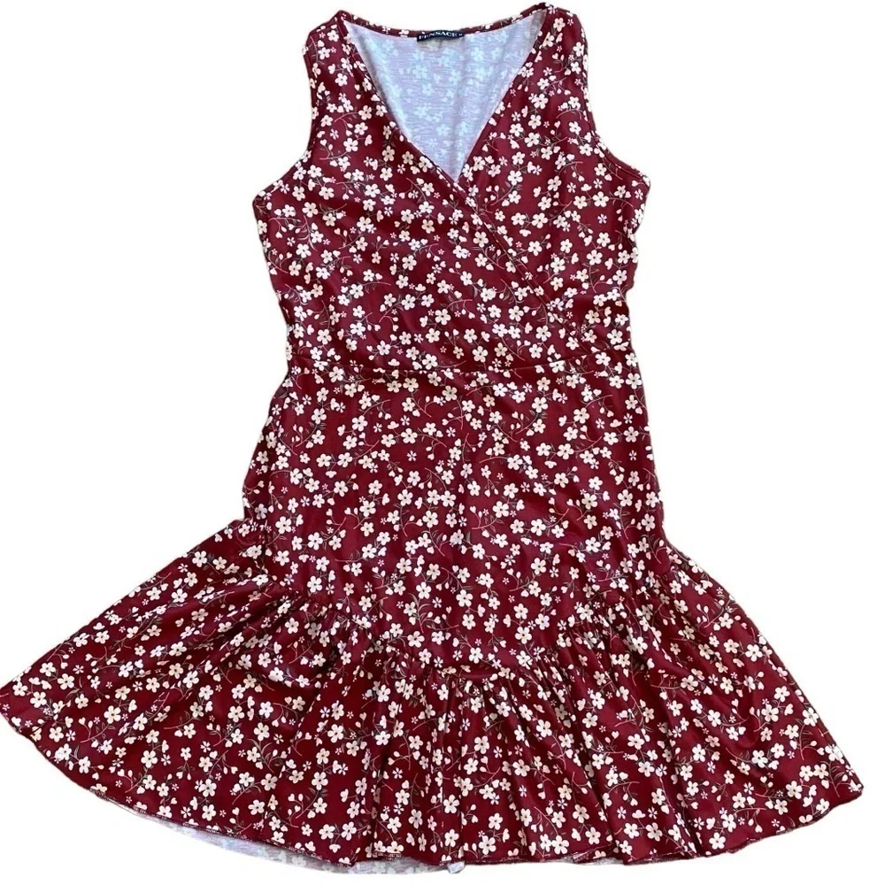 Fensace Womens Red With Yellow Floral Sun Dress Sleeveless Teared Skirt - Picture 5 of 10